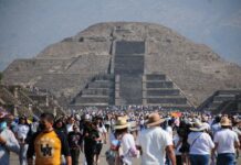 Climbers on the Pyramid of the Moon in Teotihuacán
