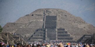 Climbers on the Pyramid of the Moon in Teotihuacán