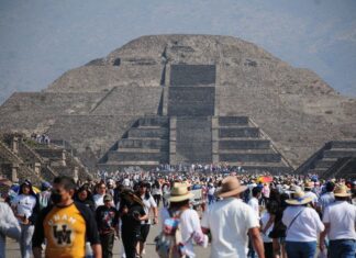 Climbers on the Pyramid of the Moon in Teotihuacán