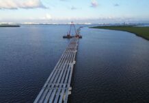 Aerial view of unfinished Nichupté bridge.
