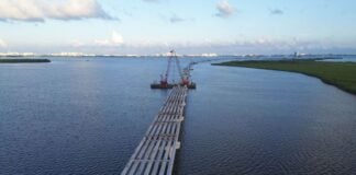 Aerial view of unfinished Nichupté bridge.