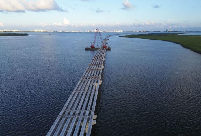 Aerial view of unfinished Nichupté bridge.