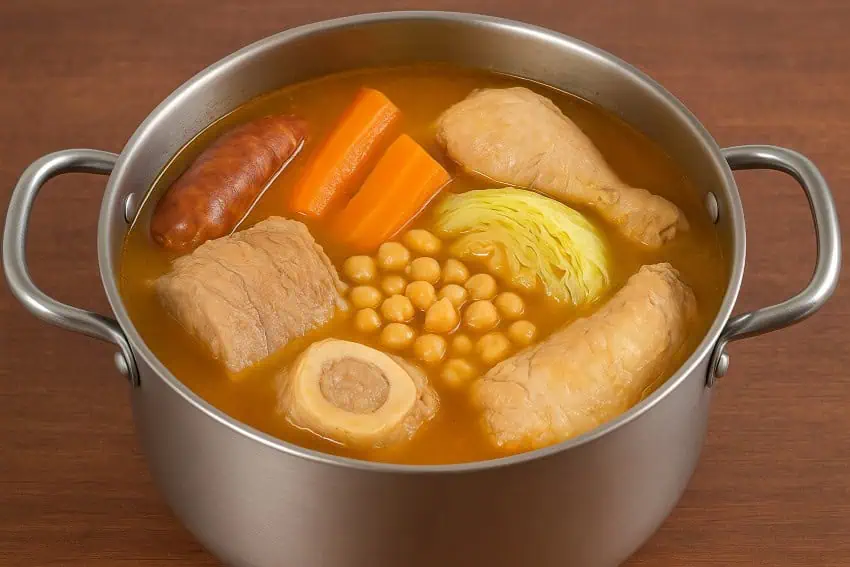Photo of a stockpot with a light, slightly fatty orange broth and chicken parts, chorizo, chickpeas, pork, carrots and cabbage.