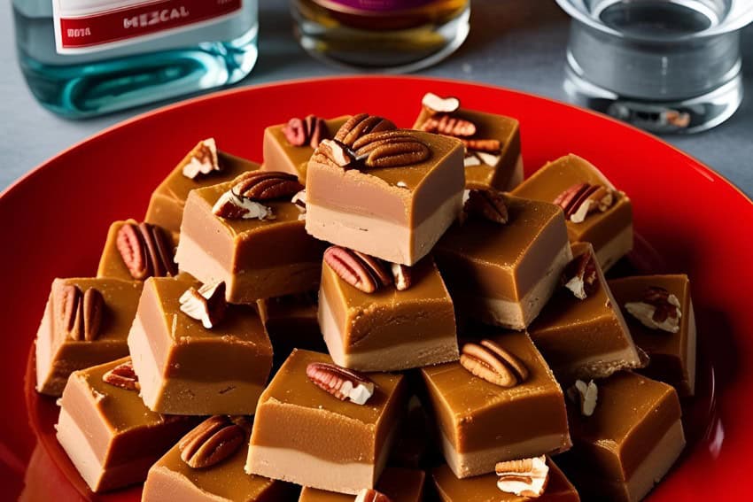 A plate of many pieces of fudge with pecans on top of each piece artistically laid out on a red plate. In the background is a liquor glass and the bottom of two bottles of liquor, one which says in blurred text, "Mezcal"