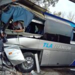 Smashed bus involved in Puebla highway accident