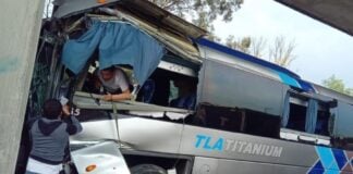 Smashed bus involved in Puebla highway accident