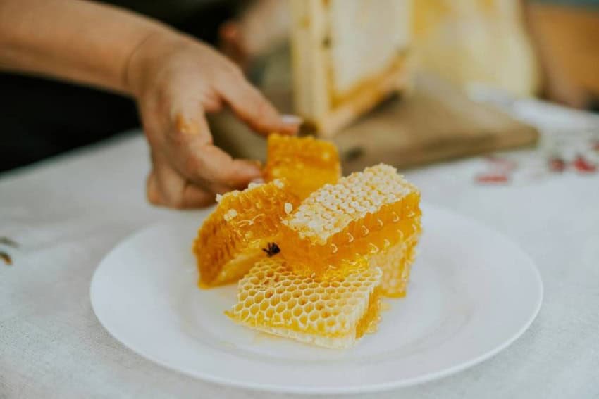 A small pile of honeycombs on a white plate in the foreground and a person's hand touching the honeycomb in the background, which is slightly blurred.