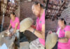 An elderly woman in a rustic backyard pottery workshop forms a ball of clay into a large bowl by hand without a potting wheel. The photo is a triptrych that shows different stages of her process in making the bowl.