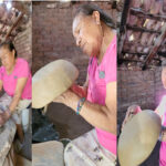 An elderly woman in a rustic backyard pottery workshop forms a ball of clay into a large bowl by hand without a potting wheel. The photo is a triptrych that shows different stages of her process in making the bowl.