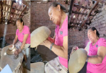 An elderly woman in a rustic backyard pottery workshop forms a ball of clay into a large bowl by hand without a potting wheel. The photo is a triptrych that shows different stages of her process in making the bowl.