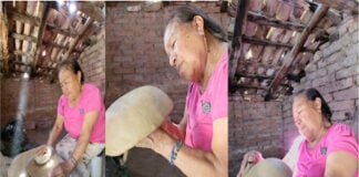 An elderly woman in a rustic backyard pottery workshop forms a ball of clay into a large bowl by hand without a potting wheel. The photo is a triptrych that shows different stages of her process in making the bowl.