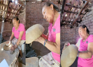 An elderly woman in a rustic backyard pottery workshop forms a ball of clay into a large bowl by hand without a potting wheel. The photo is a triptrych that shows different stages of her process in making the bowl.