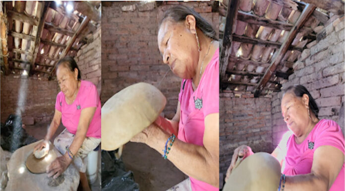 An elderly woman in a rustic backyard pottery workshop forms a ball of clay into a large bowl by hand without a potting wheel. The photo is a triptrych that shows different stages of her process in making the bowl.