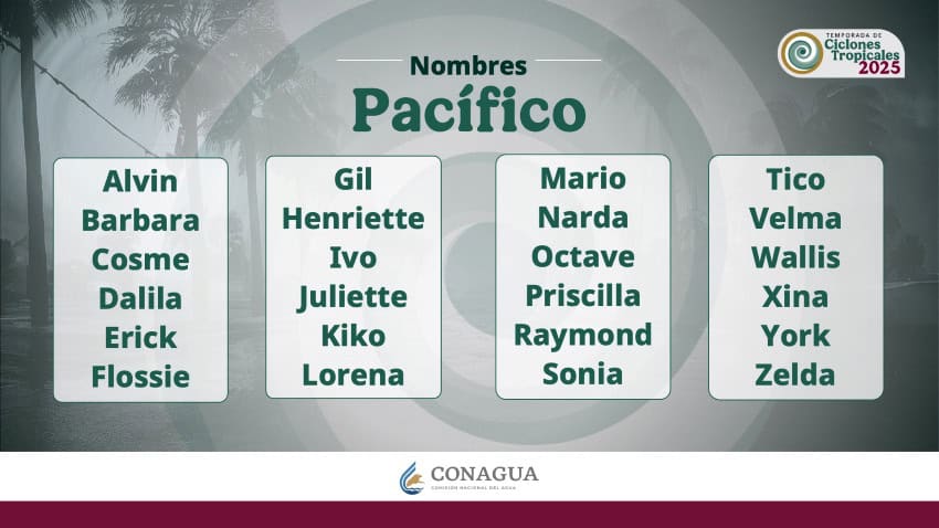A gray graphic with a nearly transparent background showing a beach area with palm trees. Superimposed on the background is text saying in Spanish "Atlantic Names" and a list of the 21 names to be given to storms that form in the North Atlantic during the 2025 North Atlantic hurricane season.