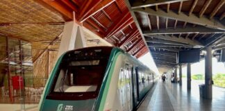 Front car of a Maya Train convoy in the Palenque station