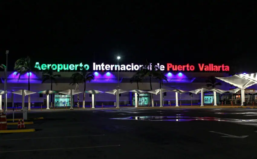 A night view of the entrance to the Puerto Vallarta International Airport.