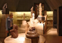 A museum room filled with sculptures and artifacts on display, all made by ancient Mexican indigenous cultures.