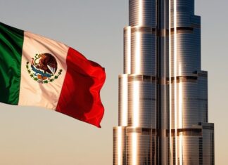 A Mexican flag flies in front of the Burj Al Arab in Dubai