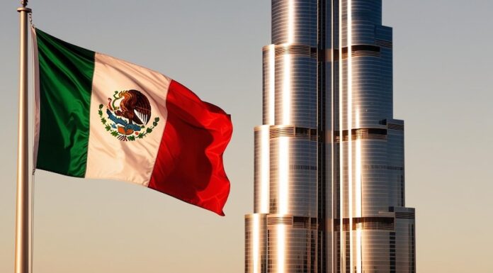 A Mexican flag flies in front of the Burj Al Arab in Dubai