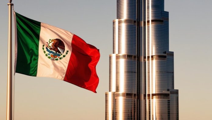 A Mexican flag flies in front of the Burj Al Arab in Dubai