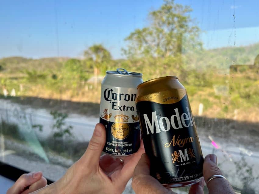 Two hands holding beers in front of a window on the Maya Train looking out on the landscape