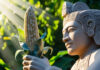 An AI image of an Olmec style statue holding up an ear of corn to the sunlight