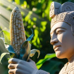 An AI image of an Olmec style statue holding up an ear of corn to the sunlight