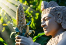 An AI image of an Olmec style statue holding up an ear of corn to the sunlight
