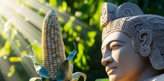 An AI image of an Olmec style statue holding up an ear of corn to the sunlight