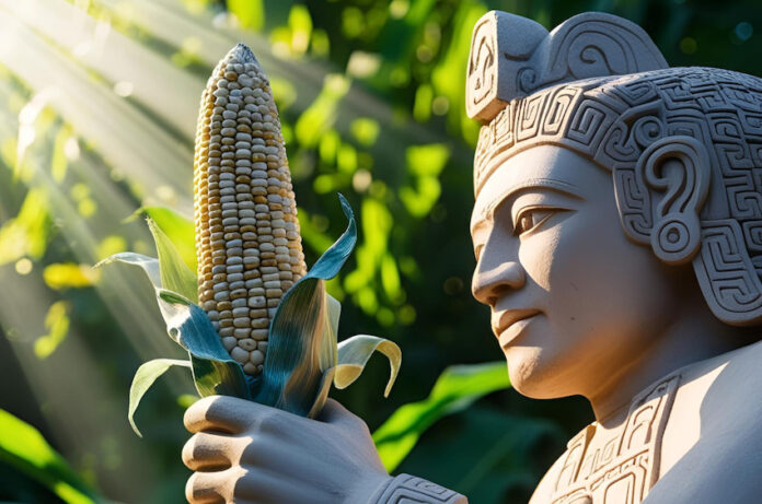 An AI image of an Olmec style statue holding up an ear of corn to the sunlight