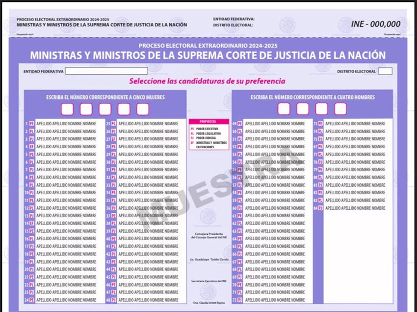 An electoral example ballot for the Mexican Supreme Court