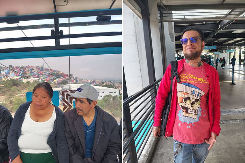 Two photos of Mexico City public transit commuters