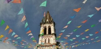 Cathedral with colored flags