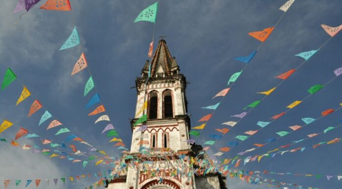 Cathedral with colored flags