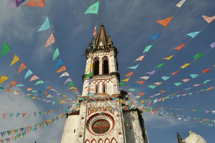 Cathedral with colored flags