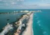 An aerial view of the beach along the Cancún hotel zone