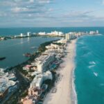An aerial view of the beach along the Cancún hotel zone