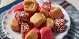 pieces of caramel-colored Mexican fudge, some tinted pink and some sprinkled with multicolored sprinkles