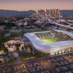 An aerial view of BMO Stadium and the Los Angeles skyline