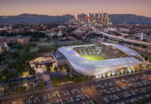 An aerial view of BMO Stadium and the Los Angeles skyline