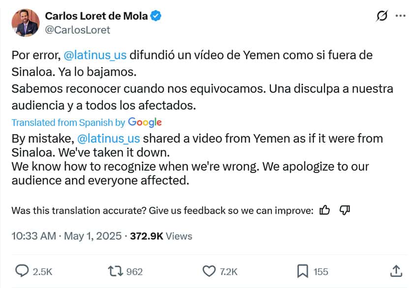 Mexican journalist Lorerette de Mola apologizes for sharing a video from Yemen, which is from Sinalova