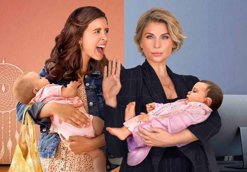 A movie poster featuring two photos in a split screen format. Both halves show women holding infants in their arms. One woman is middle-aged and dressed like a high-powered businesswoman, with a sleek, neutral background featuring a desktop computer screen. The other woman is in her early 20s and dressed casually in a calico dress and a jean jacket. The younger women is facing screen right, as if looking at the older woman and in the middle of shouting. The older woman is facing into the camera and holding up her left hand with the palm facing the camera, as if to stay "stop."
