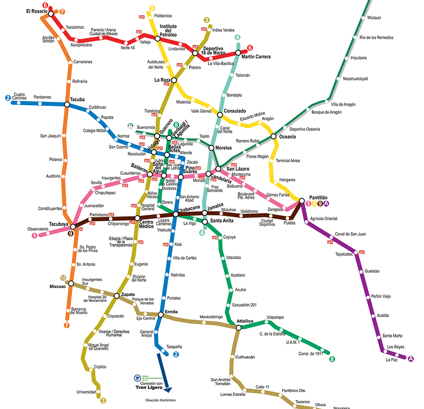 Colorful lines form a simplified map of the Mexico City Metro