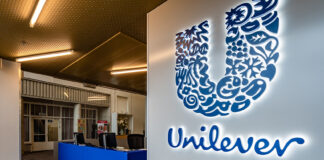 A Unilever logo at the entrance of an office