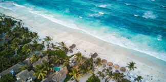 An aerial view of the Tulum coastline