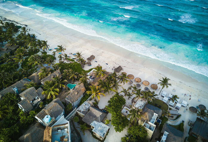 An aerial view of the Tulum coastline