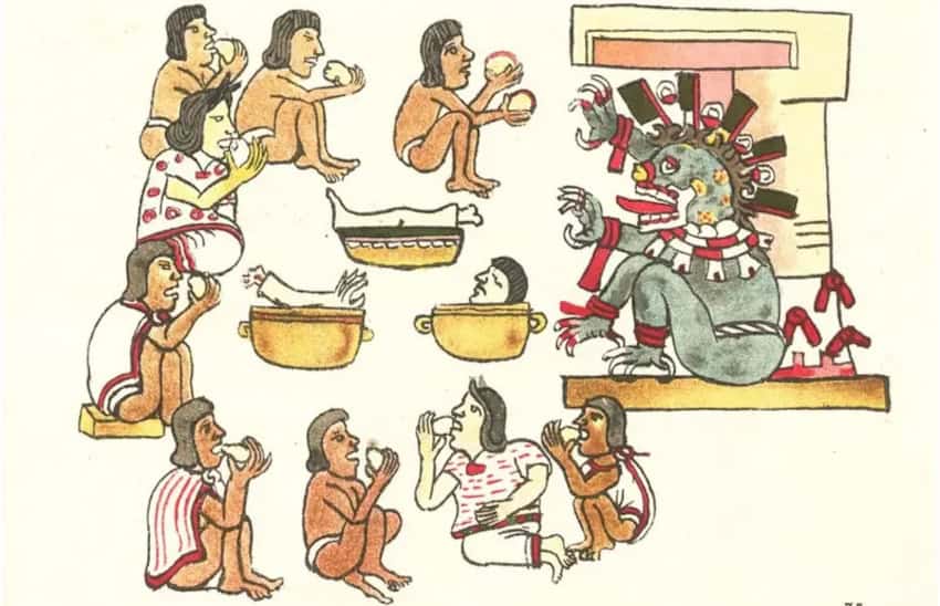 An aztec codex depicting humans being cooked and eaten