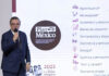 Economy Minister Marcelo Ebrard shares a slide reading Plan Mexico at a press conference