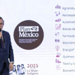 Economy Minister Marcelo Ebrard shares a slide reading Plan Mexico at a press conference