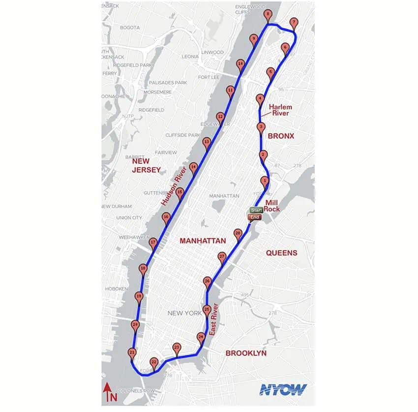 A map of Manhattan showing the route of the 20 Bridges swim